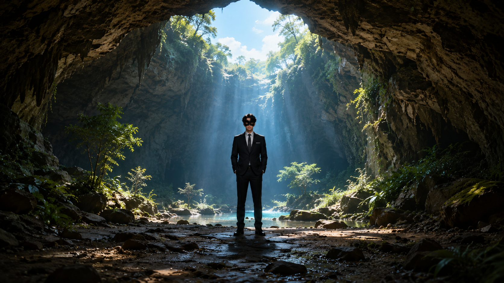 A founder standing in a cave, light breaking through from above