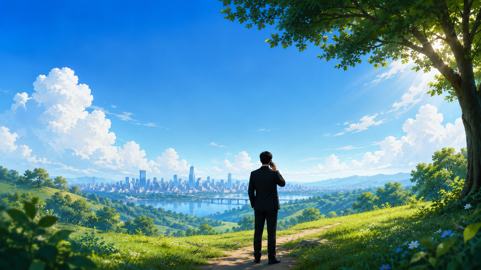 A founder on a call, looking toward the city skyline